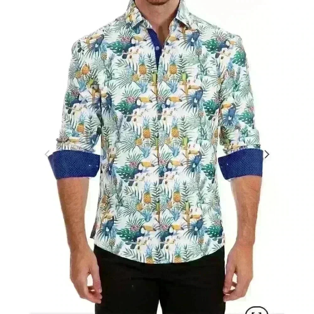 Spring Tropical Vacation Bespoke Sz 2XL Toucan & Pineapple Button Up‎ Shirt
